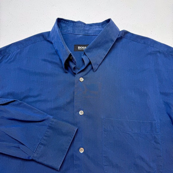 Hugo Boss Dress Shirt Mens 17 34/35 Blue Button Up Long Sleeve Pocket Cotton - Picture 1 of 11